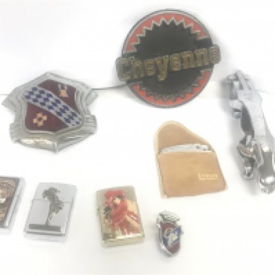 A collection of car badges and lighters - Jaguar, Cheyenne