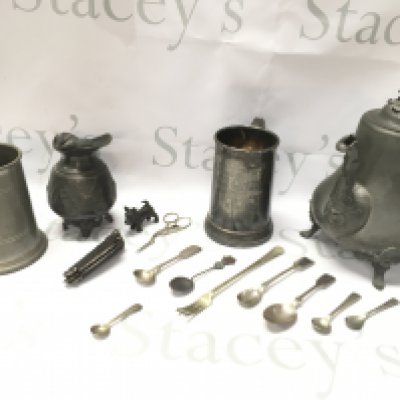 Silver plated and pewter items including a 52nd Royal fusiliers glass bottom military tankard, cast metal Scottish dog, Chinese spoon with jade insert, heron design sewing scissors, seamans rigging knife Etc. Postage category C