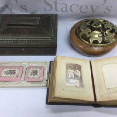 A leather bound photo album, enamel compacts etc. Shipping category D.