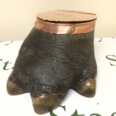 An Early 20th Century copper mounted Hippopotamus foot the copper hinged top enclosing an ink well and with the inscription JMF Benue River North Nigeria June 1907.