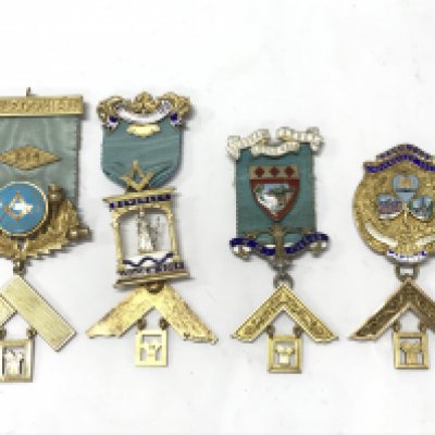 Four Masonic silver gilt jewels with elaborate enamel decoration, British lodges Beverley, Burnham Abbey, Gravenstoke, Caledonian. Postage category A