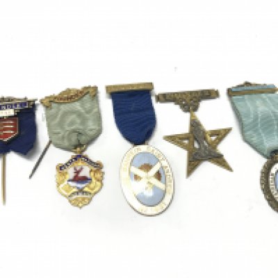 Four enamel and gilt metal Masonic Founders jewels Bahrain Saint Andrew Herts Masters Cestreham and others some silver , postage category A