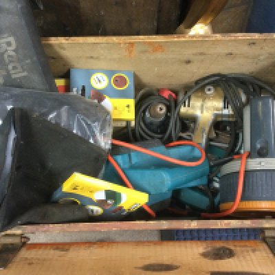 Three boxes of tools including drills, planes and chisels etc. Shipping category D.