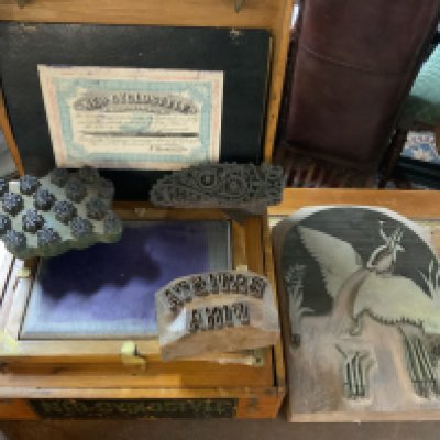 A vintage Neon Cyclostyle duplicator together with 4 large wooden print blocks.