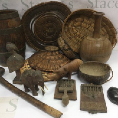 A collection of tribal baskets, carved ornaments, elephant whip etc. Shipping category D.