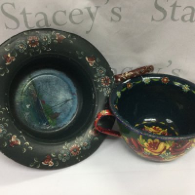 Two painted barge ware pots, silver plated ice bucket, brass bell etc. Shipping category D.