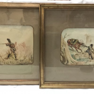 Two 19th century Napoleonic watercolour paintings, War in the Peninsula the downfall of Napoleon. Frame dimensions 41x37cm . This lot cannot be posted