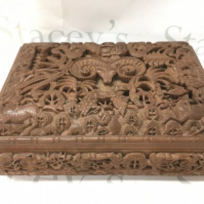 Anglo Indian Hardwood possibly walnut box with intricately carved animal decoration. Dimensions 24x34x13cmcm. Postage category C