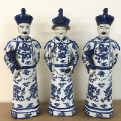 Chinese blue and white three standing Ching Qing Emperors , 43cm tall. This lot cannot be posted
