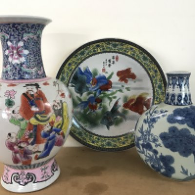 Chinese porcelain including a gold fish platter (34cm wide), a blue and white porcelain vase (25.5cm tall) with floral patterns and a Famille Rose vase (37.5cm tall). This lot cannot be posted- NO RESERVE