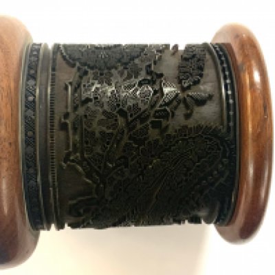 A mid 20th Century Chinese cylinder printing block with impressed steel cut design. 14cm x 14cm- NO RESERVE