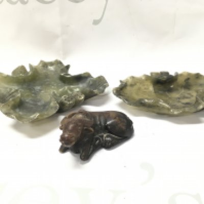 Two jade dishes and a soapstone water buffalo