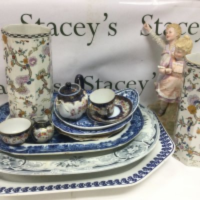 A collection of Victorian meat plates, a bisque figural group, a pair of Wilkinson vases etc. Shipping category D.- NO RESERVE