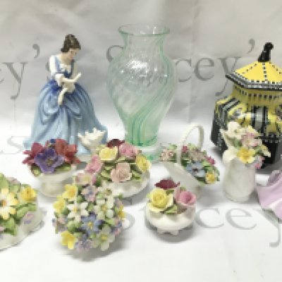 A collection of posy baskets including Coalport, Royal Doulton, Doulton figure Lorraine, Coalport Loretta, Staffordshire spring vase. This lot cannot be posted