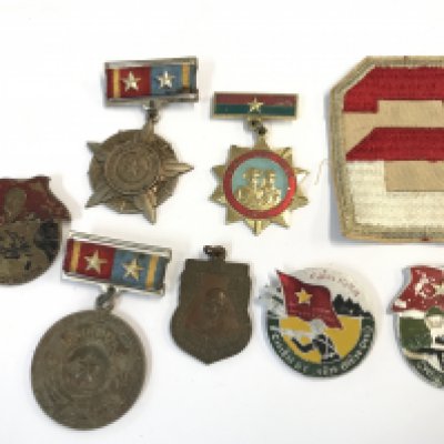 A collection of Vietnam war badges and medals and an American military South Pacific badge.