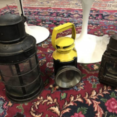 Three Vintage lamps a yellow and black BR lamp an unusual metal and bakerlite lamp and one other of circular shape (3)