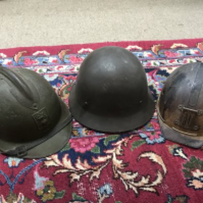 A French Military Fireman helmet a Vintage Miners helmet and a Swedish military helmet (3)
