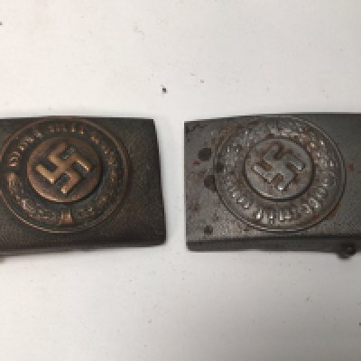 Two German Third Reich Combat Police belt buckles. Copper finish with makers name and aluminium patterned finish (2)