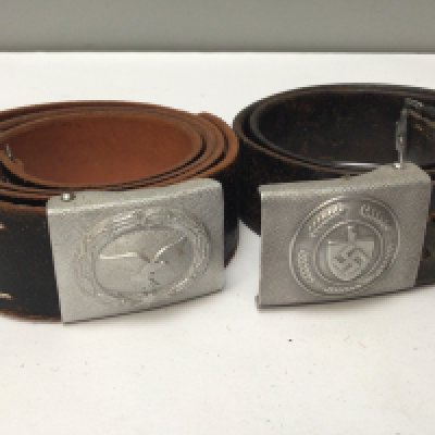 Two German Third Reich belt buckles with attached leather belts including RAD the German National Labour Service and. Luftwaffe (2)