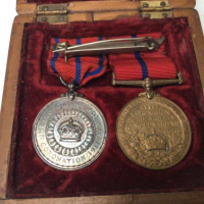 Two Edward VII and George V Police Coronation medals awarded to JJ Bicker K Div in a fitted presentation box.