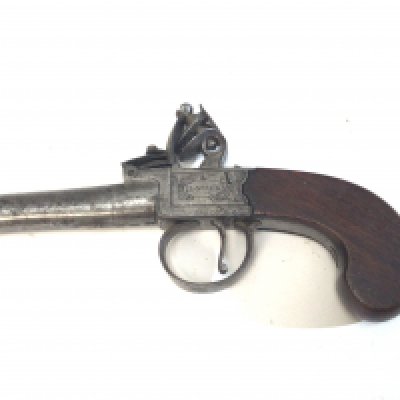 An 18th century flintlock lock pocket pistol with a steel twist off barrel and slab sided action maker H Nock the barrel with proof marks length 17cm