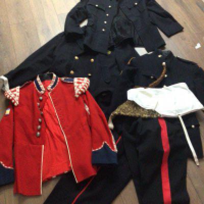 British Army and other number 1 uniforms including a bandsman and Essex Regiment soldier with trousers and a drummers webbing.