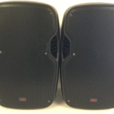 A pair of HH HPX-112 PA speakers and stands plus a box of leads.