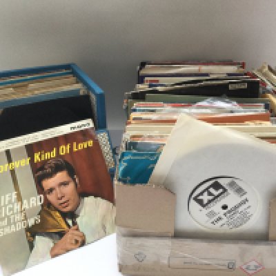 Two boxes and a record case of 7" singles, EPs and 78s by various artists from the 1950s onwards.