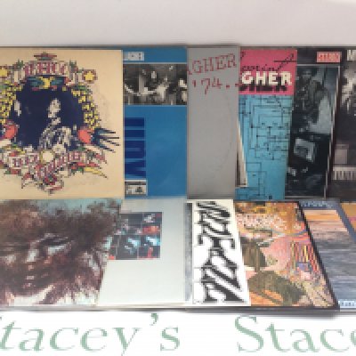Twelve rock and blues LPs by various artists including Jimi Hendrix, Rory Gallagher, Gary Moore and Santana.