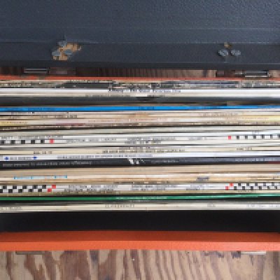 Two record cases of LPs by various artists including Elvis Presley, Oscar Peterson and others.