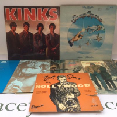 Five LPs and a 10" record including an early UK pressing of The Kinks self titled debut LP, Bob Dylan and others..