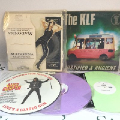 A bag of white label 12" singles, picture discs and coloured vinyl.