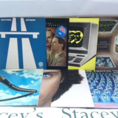 Two bags containing 16 electronic and prog rock LPs and 12" singles by various artists including Kraftwerk, Vangelis, Mike Oldfield and others.