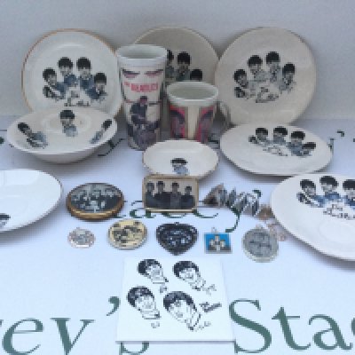 A collection of mainly 1960s Beatles memorabilia comprising a NEMS plastic beaker, NEMS cup, plates, tile etc.