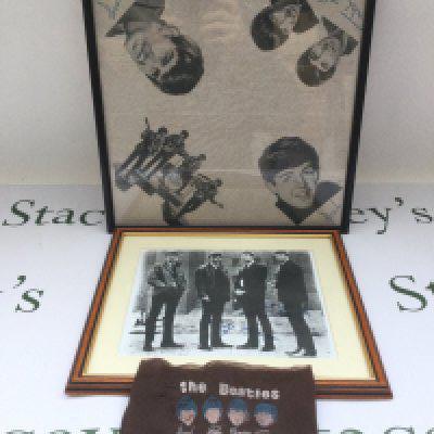 A framed original Beatles napkin, a pair of original Beatles stockings and a framed picture of the band with signatures.