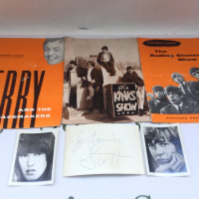 A Scott Walker signed photograph plus two other Walker Brothers photos plus three 1960s programs for The Rolling Stones, The Kinks and Gerry & The Pacemakers.