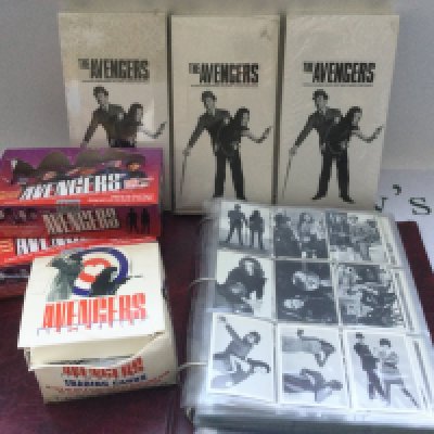 A collection of The Avengers trading cards and posters plus other TV related trading cards.