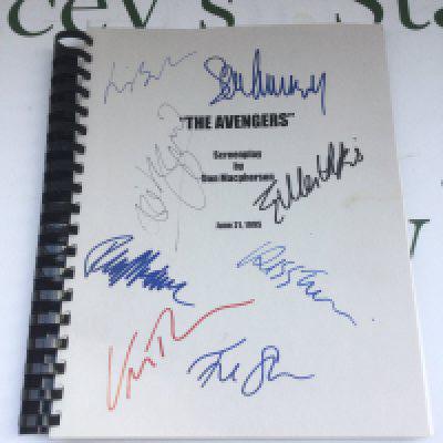 A multi signed 'The Avengers' film script from the 1995 reboot, signed to the cover by Patrick Macnee, Uma Thurman, Ralph Fiennes, Sean Connery, Jim Broadbent, Eddie Izzard, Fiona Shaw and Eileen Atkins.
