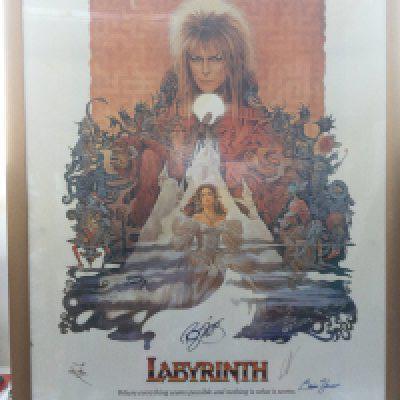 A multi signed US one sheet film poster of Labyrinth bearing the signatures of David Bowie, George Lucas, Frank Oz, Brian Henson, Jennifer Connelly and David Goelz. Framed and glazed, no folds or obvious damage.