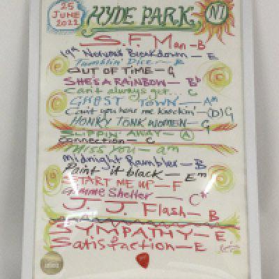 A framed and glazed print of a Rolling Stones 2022 set list by Ronnie Wood, approx 45cm x 62cm.