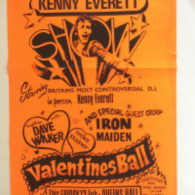 An original and rare poster advertising a Kenny Everett Show at Queen's Hall in February of 1982 with Iron Maiden billed as a performing act. Approx 50cm x 76cm.