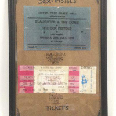 Two reprints of notorious Sex Pistols gigs comprising the Lesser Free Trade Hall in 1976 and Winterland Arena in 1978. Framed and glazed.