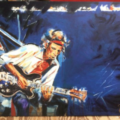 A limited edition and signed Ronnie Wood screenprint titled 'Pensive II' depicting fellow Rolling Stone Keith Richards with guitar. Comes with COA. Size approx 17cm x 80cm.