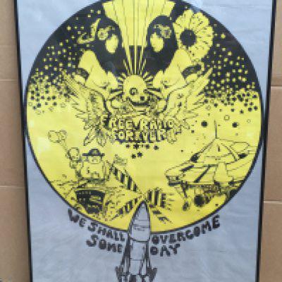 A framed and glazed pirate radio psychedelic poster published by the Free Radio Association, 239 Eastwood Road, Rayleigh, Essex, approx 51cm x 77cm.