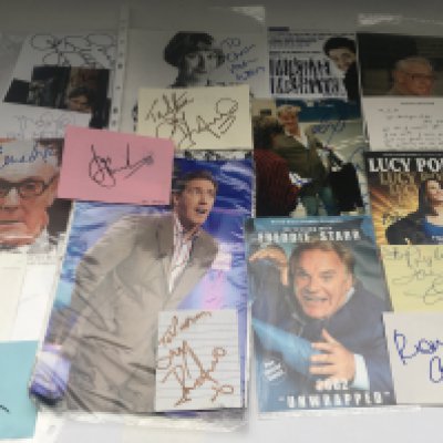 A collection of autographs of famous comedians and entertainers including Victoria Wood, Eric Sykes, Roy Hudd, Rob Brydon, Michael McIntyre, Freddie Starr, Harry Enfield, Jimmy Carr and others. No COAs. Please note that buyers must satisfy themselves as to the authenticity of any signed items before bidding as we are not experts in this field and will not be held responsible should they prove to be anything other than genuine.