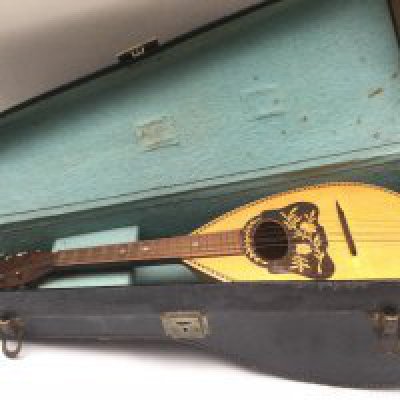 A cased mandolin with an inlaid soundhole rosette, no maker's label.