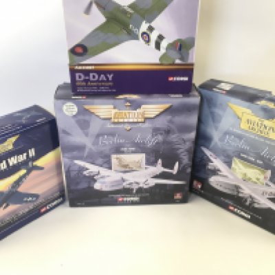 4x Corgi Aviation Archive Models. Including F4U-1D Corsair. Avro York. Hawker Huricane. Avro York RAF missing stand.