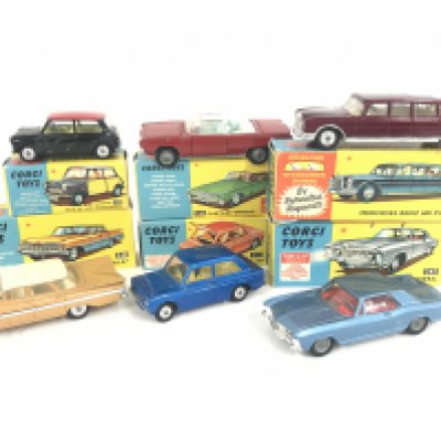 6 Boxed Corgi Vehicles. A Mini-Cooper #249. A Chrysler Imperial #246. A Mercedes Benz 600 Pullman. #247. Chevrolet Impala #248 a Hillman Imp #251 and a Buick Rivera #245.