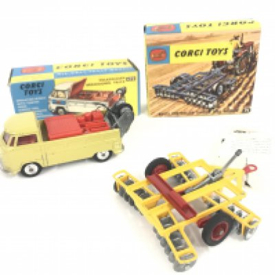 A Boxed Corgi Volkswagen Breakdown Truck (Hook missing) and a Wheel Controlled Tandem Disc Harrow #71.