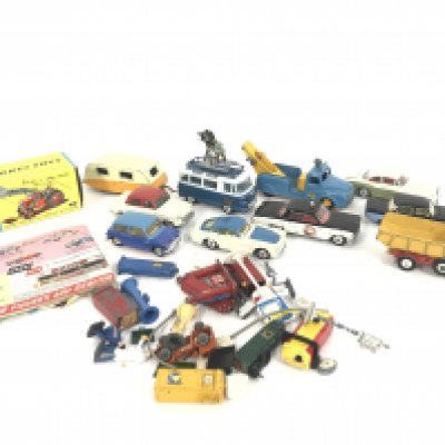 A Collection of Playworn Diecast all Corgi with an empty Massey Ferguson Box.